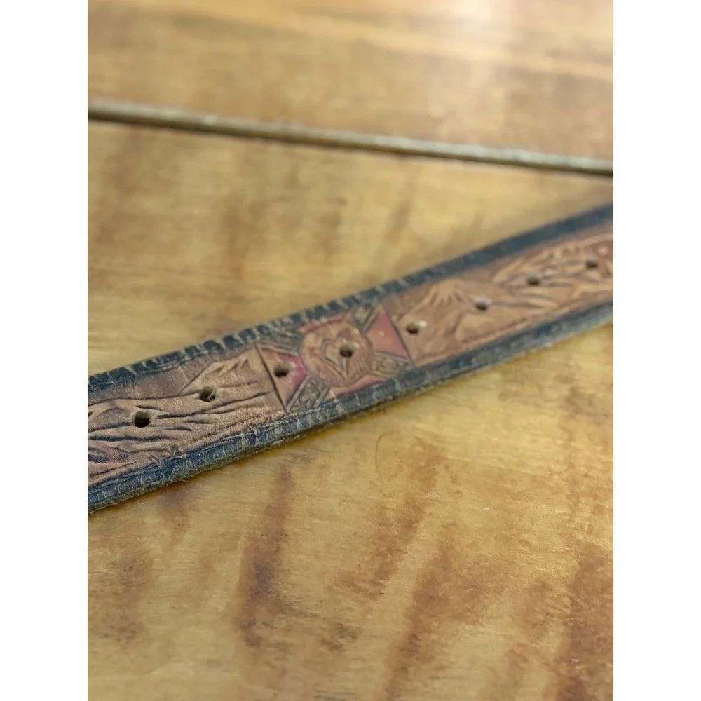 Unbranded Belt Mens 47 John Wayne Buckle Rebel Tooled Leather Brown Western